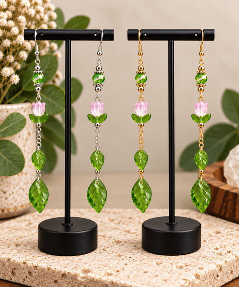 Pink Tulip Dangle Earrings with Green Leaves – Floral Jewelry