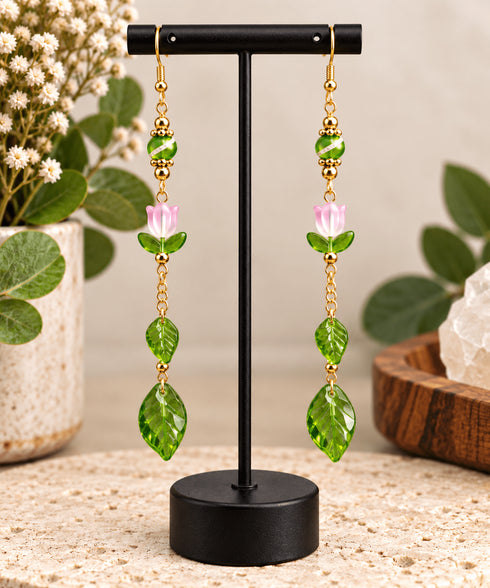 Pink Tulip Dangle Earrings with Green Leaves – Floral Jewelry - Detail View 2