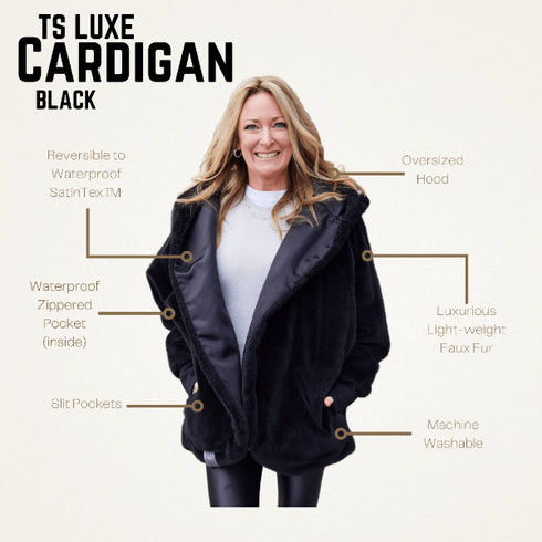 Pretty Rugged Black TS Luxe cardigan feature guide showing hood, pockets and reversible SatinTex lining
