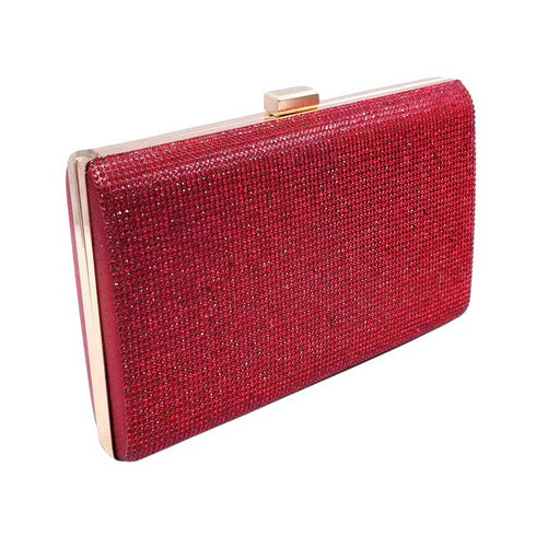 Red shimmery evening clutch with gold-tone frame and clasp