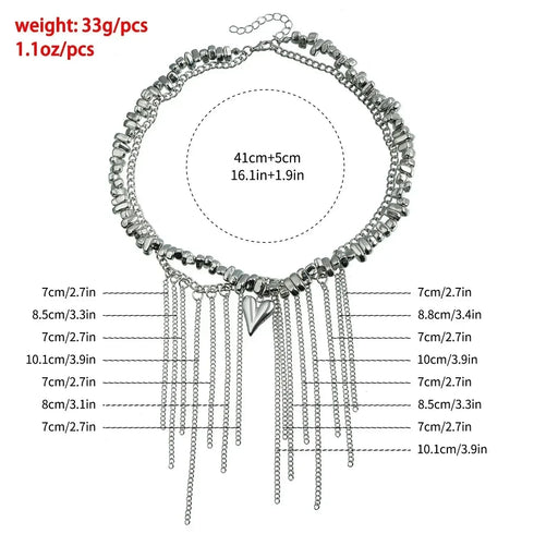 Supplier measurement diagram for chain-fringe necklace with pointed heart centerpiece