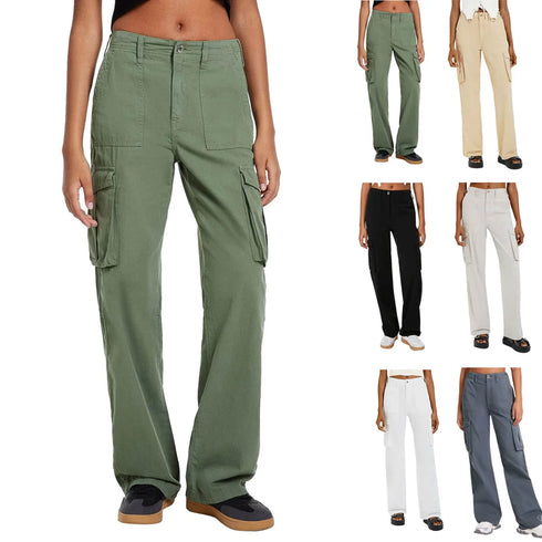 Army-green cargo pants beside six selectable color examples