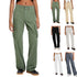 Army-green cargo pants beside six selectable color examples