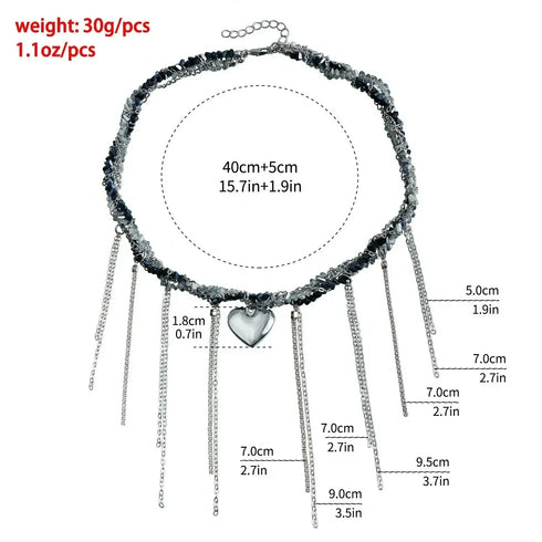 Supplier measurement diagram for dark bead necklace with heart and chain fringe
