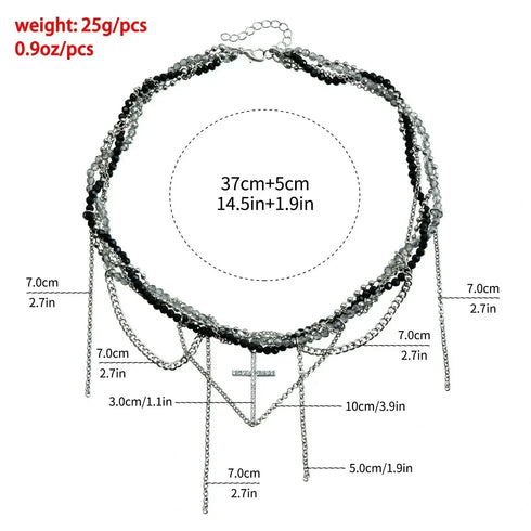 Supplier size diagram for dark layered necklace with cross and triangular chain details