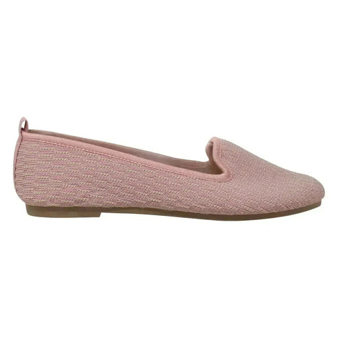 Pink slip-on ballet flat with rubber sole, side profile