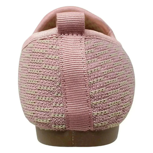 Rear pull tab and knit texture on pink SOBEYO ballet flat