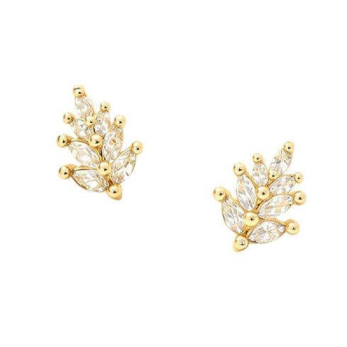 Gold-dipped leaf stud earrings with clear cubic zirconia on white