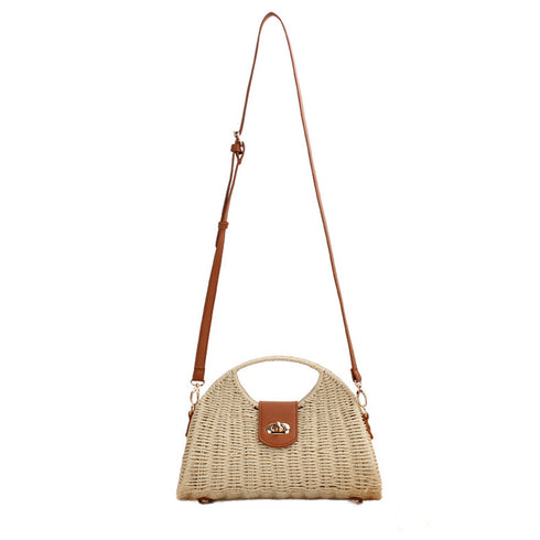 Straw-color Stella purse showing its adjustable crossbody strap