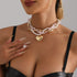 Pink and white double-beaded heart necklace, angled neckline view