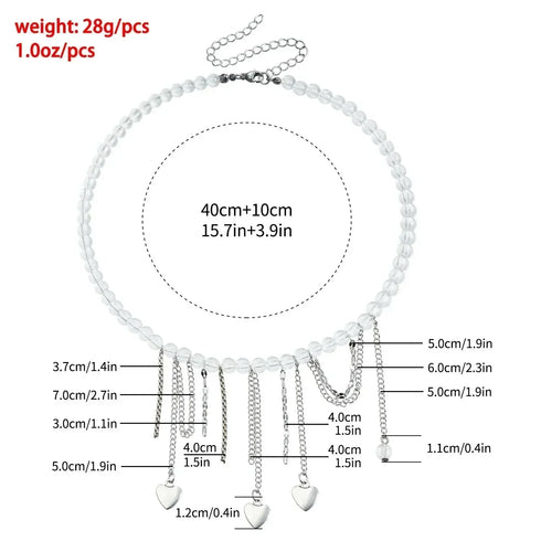Supplier size diagram for pale bead necklace with multiple hanging heart drops