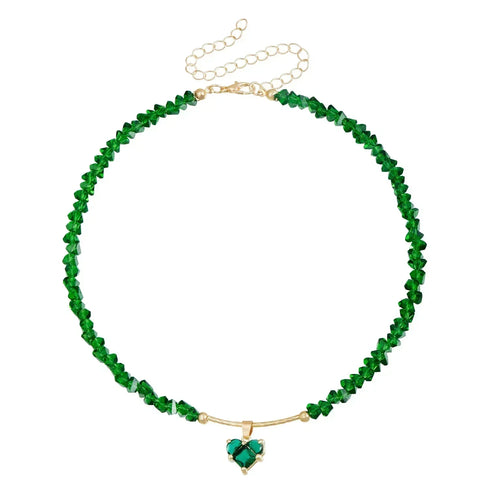 Green irregular bead strand with green heart pendant and gold-tone extension chain