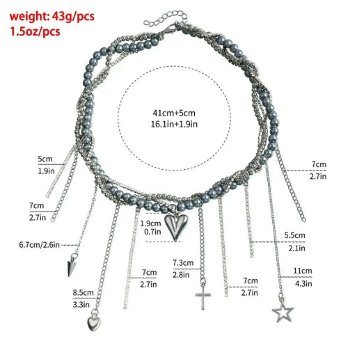 Supplier measurement diagram for layered bead necklace with assorted dangling charms
