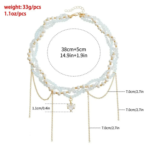 Supplier measurement diagram for pale layered bead necklace with gold-tone drops