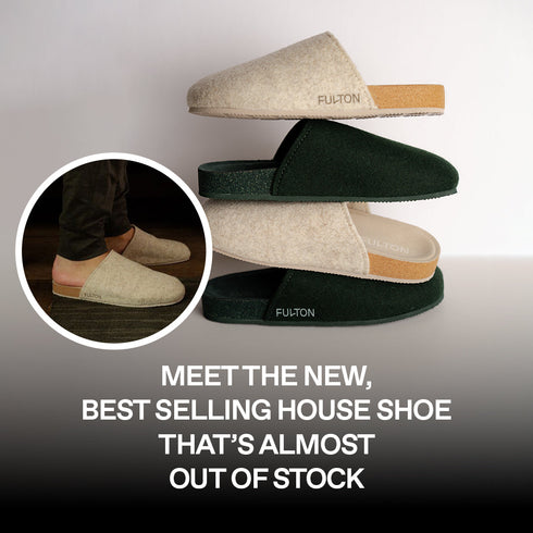 Three Fulton house shoe colors stacked beside a worn beige pair