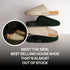 Three Fulton house shoe colors stacked beside a worn beige pair