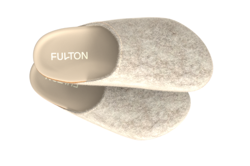 Beige Fulton House Shoes overlapping against black, top view