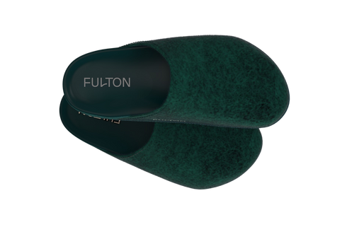 Forest Green Fulton shoes overlapping against black, upper and footbed view