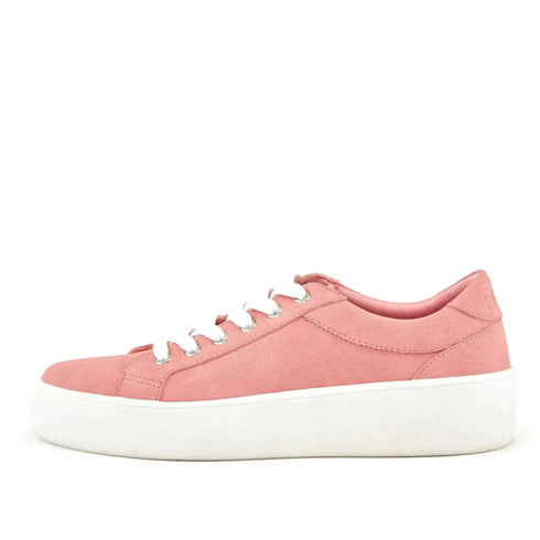 Pink microsuede Venice sneaker with white platform, outer side view
