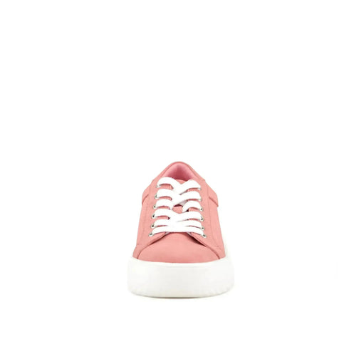Front view of pink Venice sneaker with white laces and rounded toe