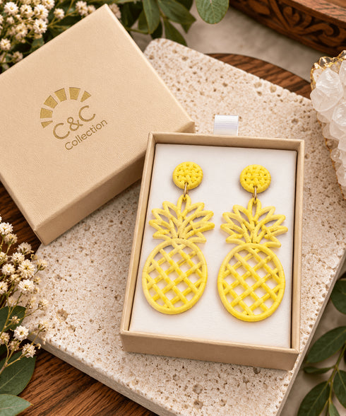Yellow Pineapple Dangle Earrings – Tropical Statement Jewelry - Detail View 2