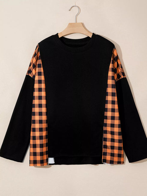 Women's Halloween Pumpkin Top - Plaid Patchwork Face - Twice The Charm Boutique