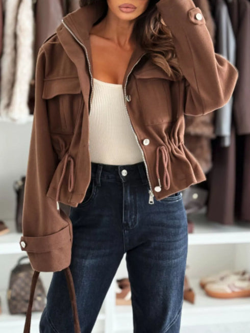 Women's drawstring button front jacket with pockets