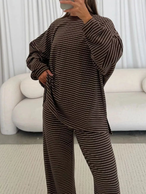 Striped Pajama Set - Dropped Shoulder Top & Pants - Twice The Charm Boutique