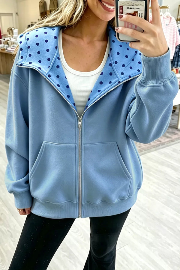 Light blue oversized polka dot zip up hoodie with pockets