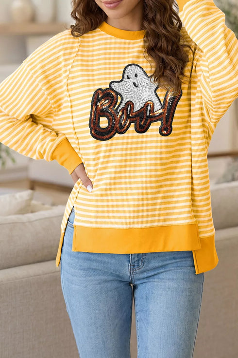 Halloween Ghost Long Sleeve Top - Sequin BOO Split Hem - Twice The Charm Boutique