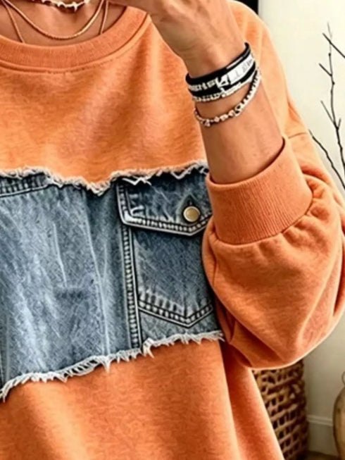 Plus Size Denim Patchwork Sweatshirt - Raw Hem Detail - Twice The Charm Boutique