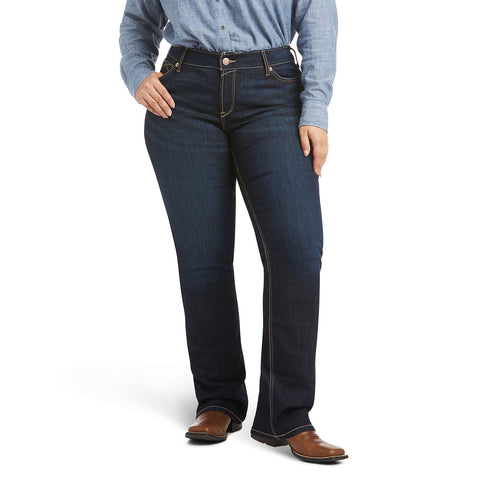 Ariat Jocelyn mid-rise dark-wash jeans, front view on a plus-size model