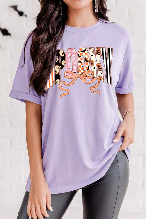 Women's Halloween Graphic Tee - Pink Purple Spooky Print - Twice The Charm Boutique