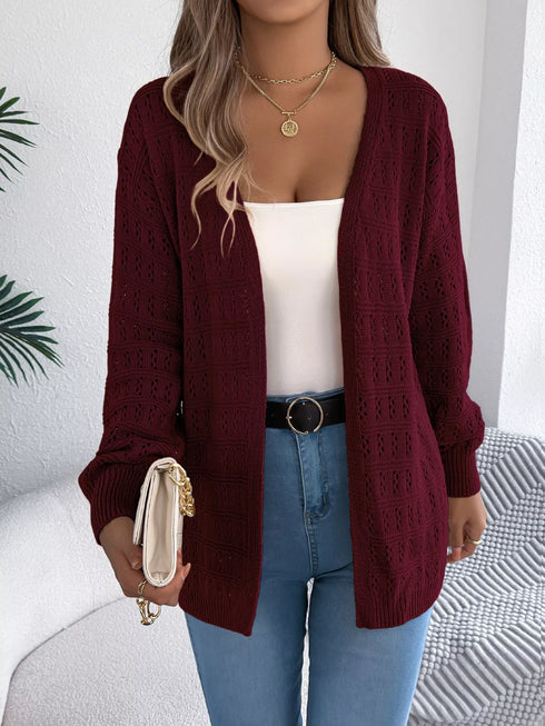 Burgundy crochet-knit cardigan, full front view showing openwork panels