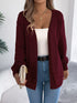 Burgundy crochet-knit cardigan, full front view showing openwork panels