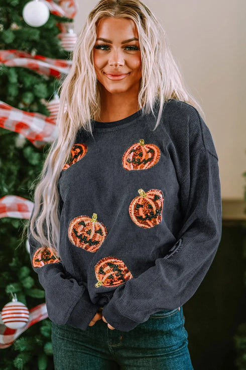 Women's Sequin Pumpkin Sweatshirt - Dark Gray Crewneck - Twice The Charm Boutique