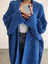 Blue open-front chunky cardigan showing wide ribbed cuffs
