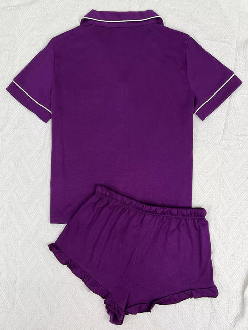 Button Down Pajama Set - Contrast Piping & Ruffle Shorts - Twice The Charm Boutique