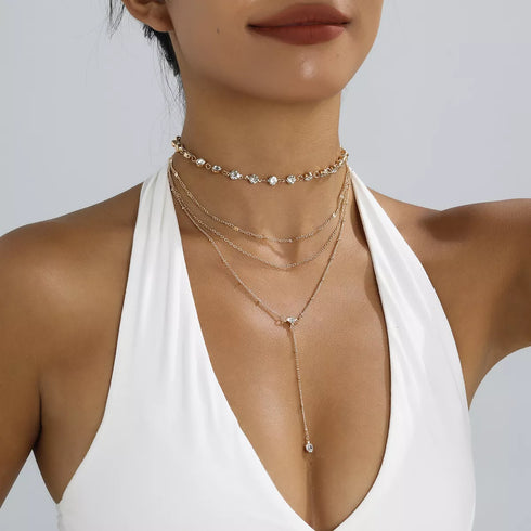 Rhinestone Choker Necklace - Multi-Layer Gold-Plated Style - Twice The Charm Boutique