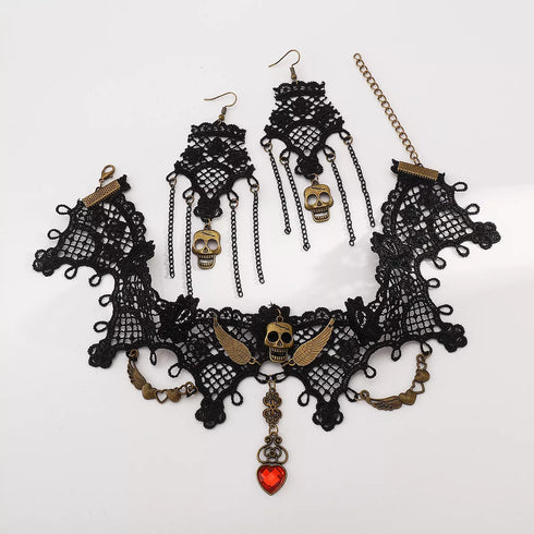 Halloween Skull Jewelry Set - Lace Necklace & Earrings - Twice The Charm Boutique