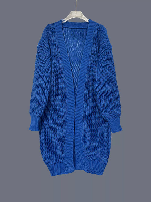 Blue longline cardigan on hanger, front view