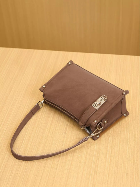 Brown Buckle-Detail Crossbody Bag: Brown rectangular bag, bottom and side product view