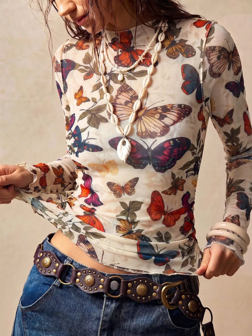 Butterfly Print Sheer Mesh Long Sleeve Top - product image 2