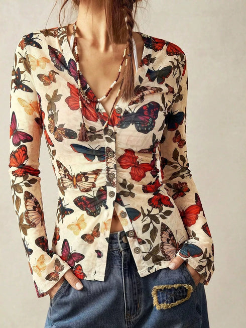 Butterfly Print V-Neck Button-Down Long Sleeve Blouse - product image 1