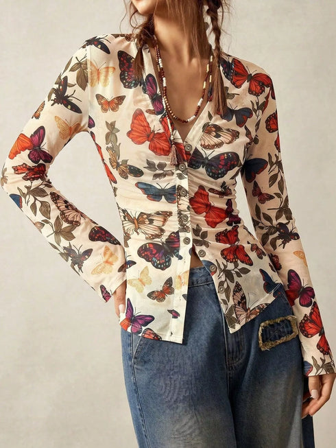 Butterfly Print V-Neck Button-Down Long Sleeve Blouse - product image 2