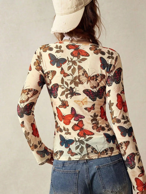 Butterfly Print V-Neck Button-Down Long Sleeve Blouse - product image 3