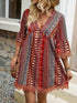Lace Trim Printed V-Neck 3/4 Sleeve Dress - Twice The Charm Boutique