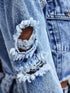 Blue distressed cropped denim jacket with raw hem for women
