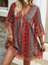 Lace Trim Printed V-Neck 3/4 Sleeve Dress - Twice The Charm Boutique