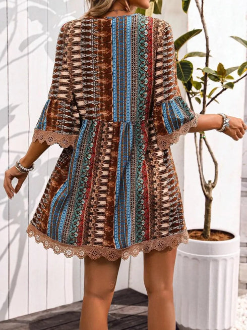 Lace Trim Printed V-Neck 3/4 Sleeve Dress - Twice The Charm Boutique